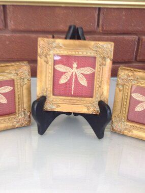 3 Miniature Dragonfly Pictures in Gold Frame under Glass